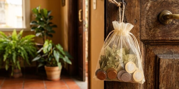 Pendurar um saquinho com folhas de louro e moedas na porta da frente da casa