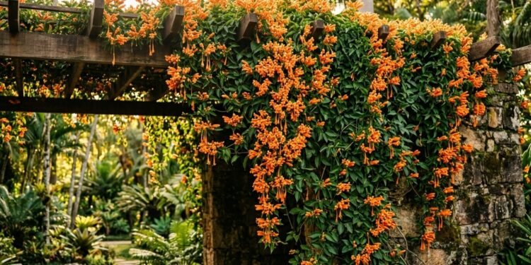 Essa trepadeira laranja cobre paredes rapidamente e deixa qualquer jardim mais bonito