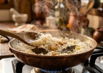 O arroz branco não se faz com água, mas com 3 dentes de alho, 2 folhas de louro e caldo