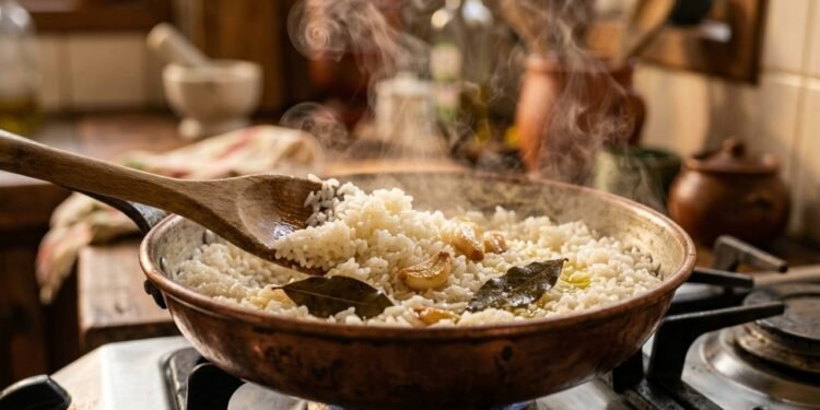 O arroz branco não se faz com água, mas com 3 dentes de alho, 2 folhas de louro e caldo