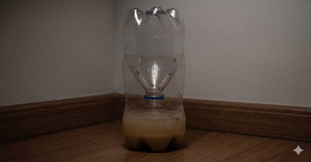 Armadilha caseira de mosquito feita com garrafa PET cortada, contendo mistura de água, açúcar mascavo e fermento bioólogico
