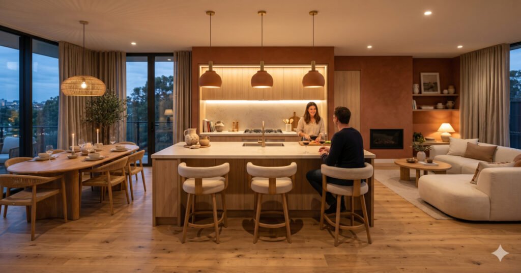Sala integrada moderna com ilha gourmet, iluminação estratégica e casal ao entardecer em apartamento com decoração terracota