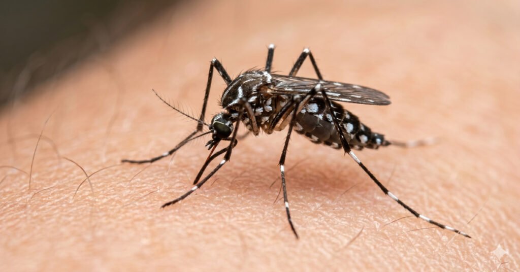 Mosquito Aedes aegypti pousado na pele humana em close-up, mostrando o corpo e as asas em detalhe