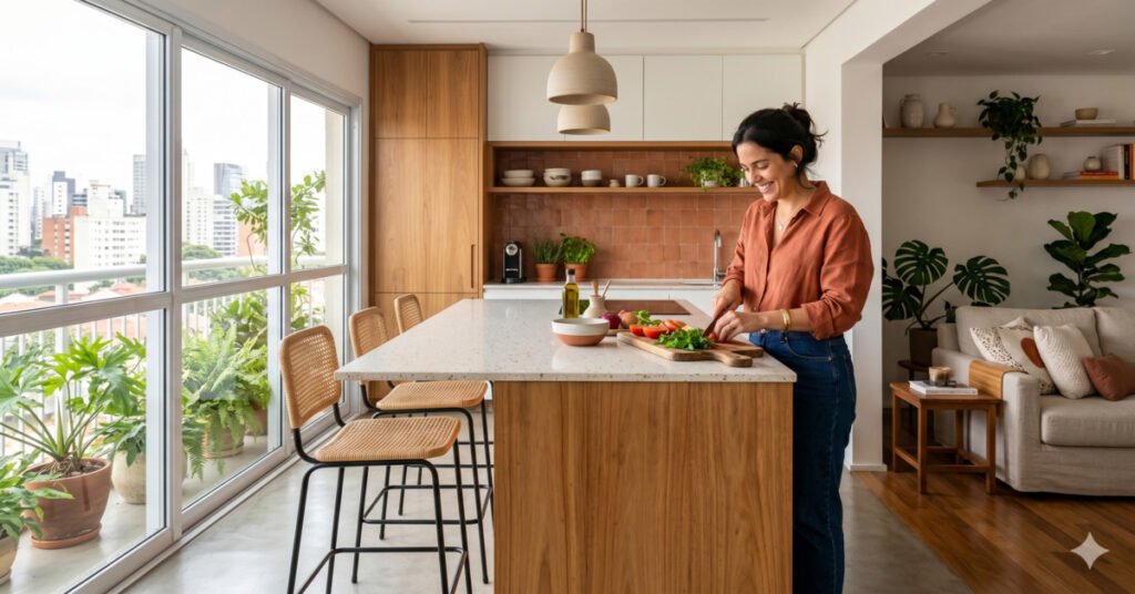 Mulher preparando refeição sobre ilha gourmet com bancada de mármore em apartamento integrado com sala e varanda