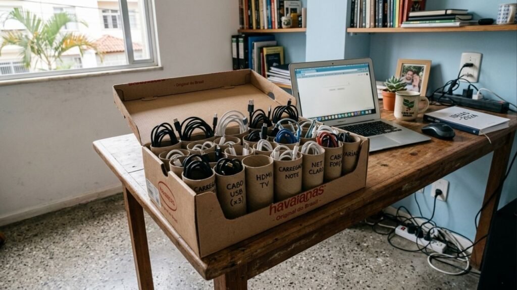 Se você tem rolos de papel higiênico vazios, não os jogue fora: veja como reutilizá-los para organizar cabos embaraçados e dar um alívio visual à gaveta do escritório