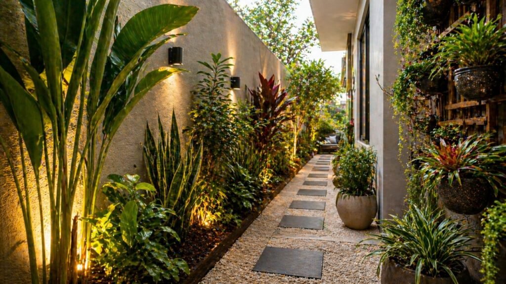 Jardim lateral pode virar um espaço bonito e acolhedor com escolhas simples