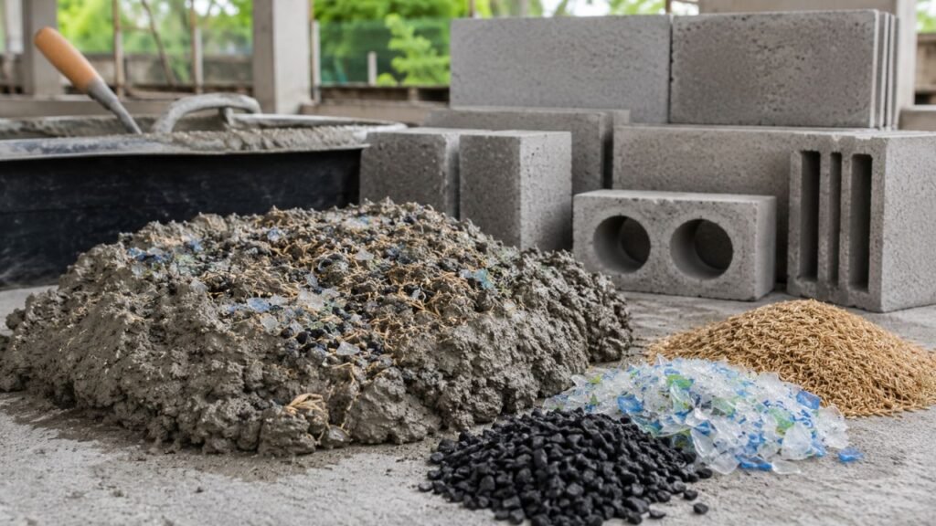 Pesquisadores conseguem produzir concreto mais sustentável substituindo até 5% da areia por resíduos como cascas de arroz, plástico e pneus