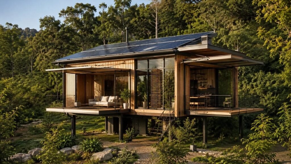O estúdio eslovaco Ark-Shelter projetou uma microcasa autossuficiente de apenas 20 m² com terraços dobráveis ​​e energia solar autônoma