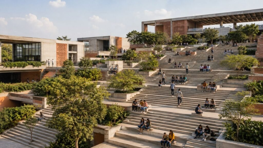 Universidade indiana constrói cobertura escalonada com 9.000 lugares, inspirada em poços históricos de mil anos, para melhorar a ventilação e o uso público