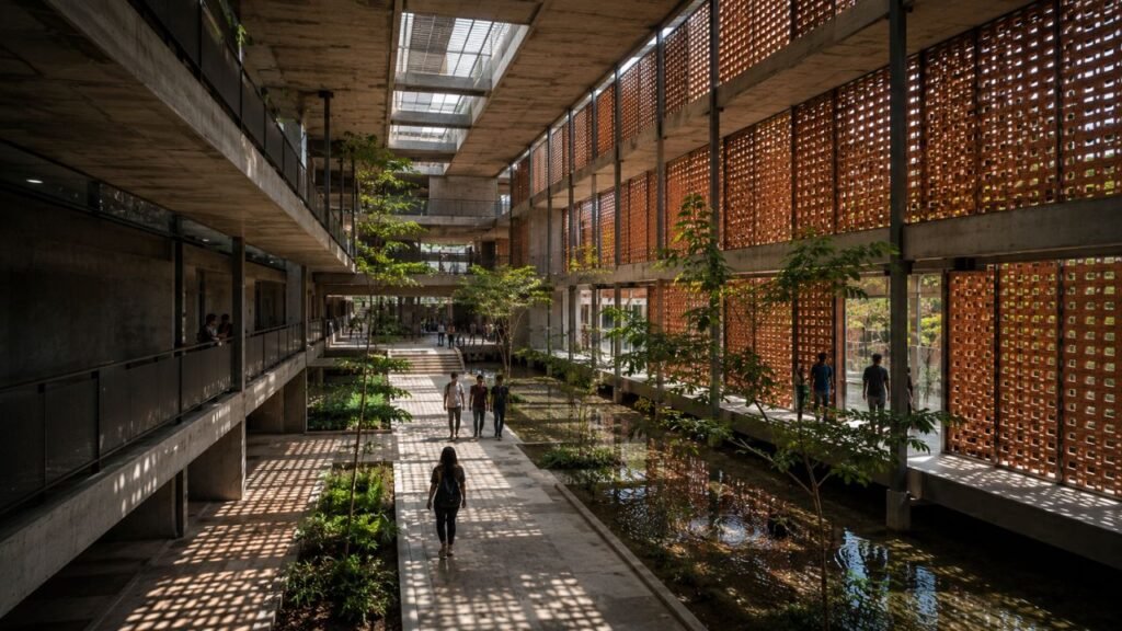 Universidade indiana constrói cobertura escalonada com 9.000 lugares, inspirada em poços históricos de mil anos, para melhorar a ventilação e o uso público