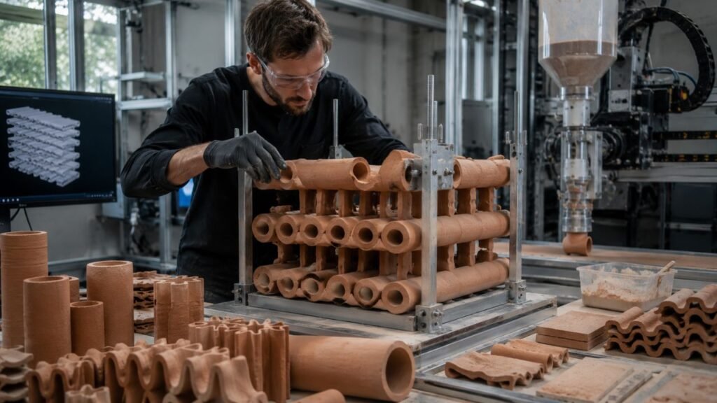 “Pesquisador instalando tubos cerâmicos CeraPiper em estrutura de teste interna, peças de argila em diferentes formatos ao lado de bancada de fabricação computacional, sistema de extrusão de cerâmica ao fundo, projeto da Cornell Tech Matter of Tech Lab, laboratório realista de engenharia”