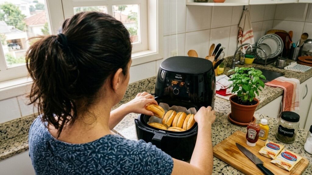 Hot dog enrolado no pão de forma na air fryer é opção prática e bem crocante