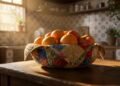 Retalhos de pano viram fruteira de tecido para organizar a cozinha