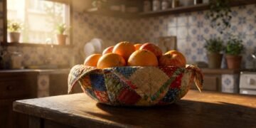Retalhos de pano viram fruteira de tecido para organizar a cozinha