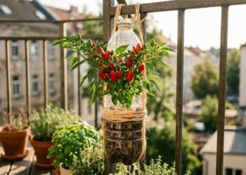 Como fazer um jardim suspenso de pimentas usando garrafas de plástico usadas e corda de ráfia