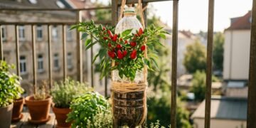 Como fazer um jardim suspenso de pimentas usando garrafas de plástico usadas e corda de ráfia