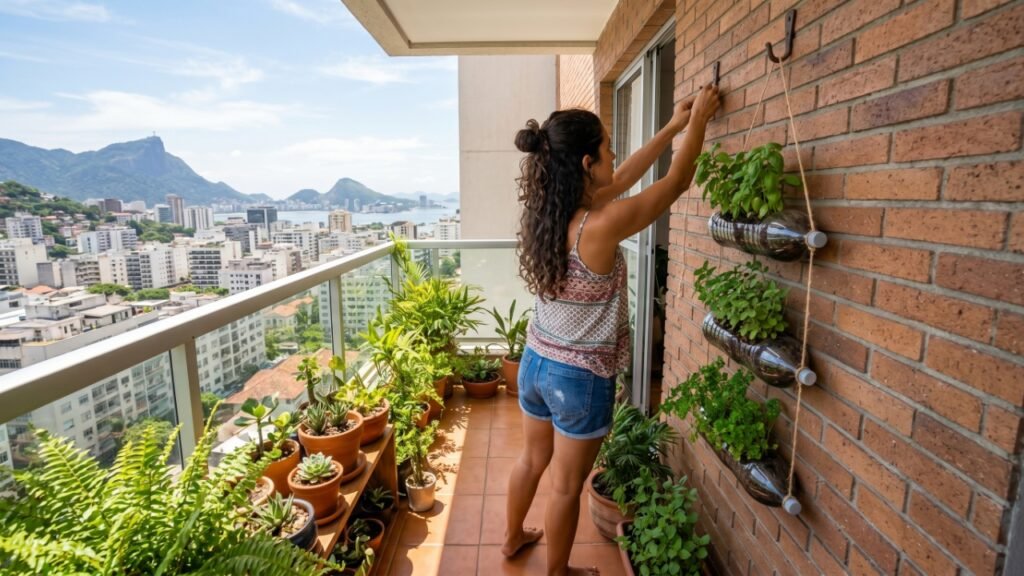 Como fazer um jardim suspenso de pimentas usando garrafas de plástico usadas e corda de ráfia