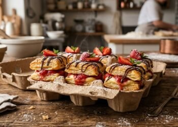 O bolo folhado com morango e chocolate feito com caixa de ovos
