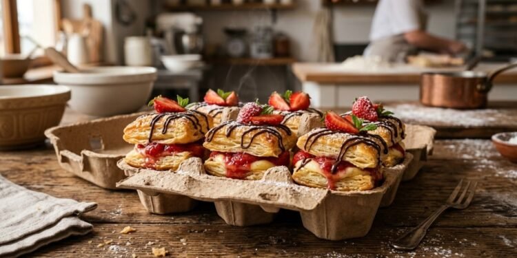 O bolo folhado com morango e chocolate feito com caixa de ovos
