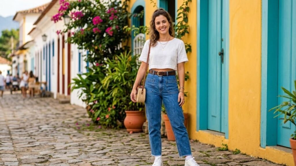 jeans de vovó com sapatos baixos