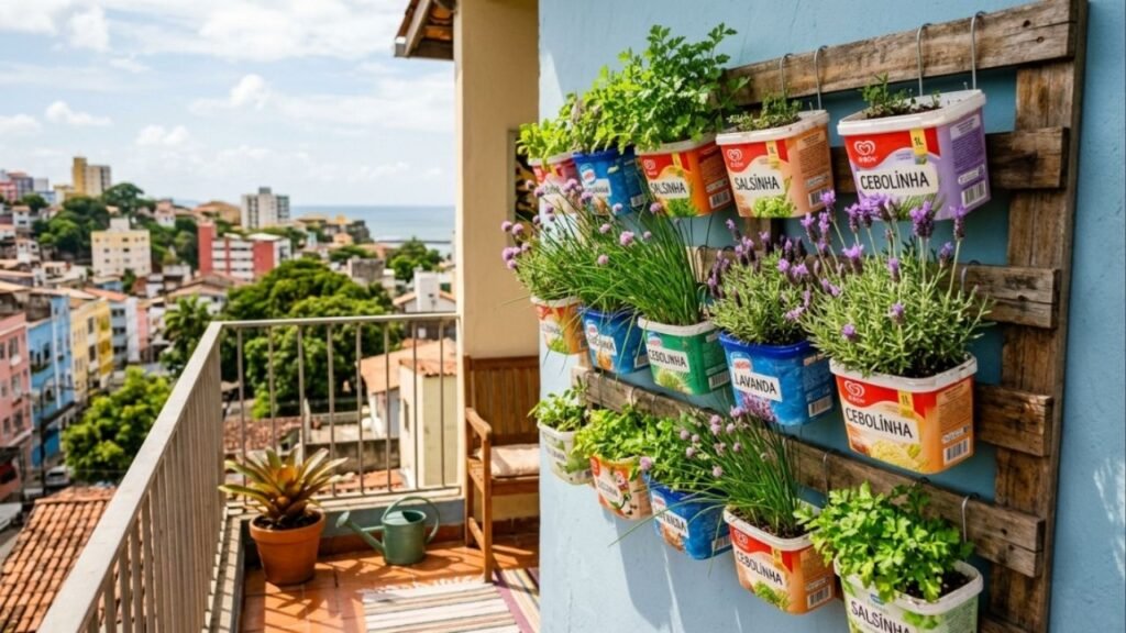 Não jogue fora potes de sorvete vazios: eles podem virar hortas verticais criativas para cultivar salsinha, cebolinha e lavanda na sacada do apartamento
