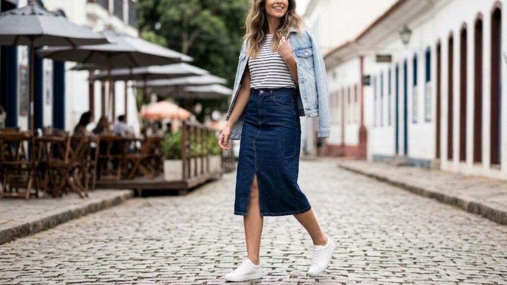 saia jeans com tênis