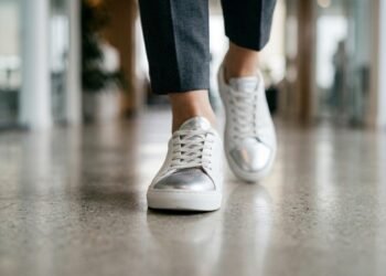 Tênis metalizado vira o neutro da moda em 2026 e substitui o modelo branco clássico nos looks de trabalho