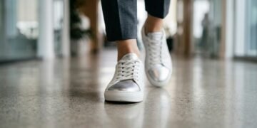 Tênis metalizado vira o neutro da moda em 2026 e substitui o modelo branco clássico nos looks de trabalho
