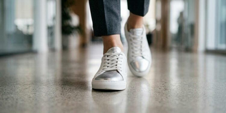 Tênis metalizado vira o neutro da moda em 2026 e substitui o modelo branco clássico nos looks de trabalho