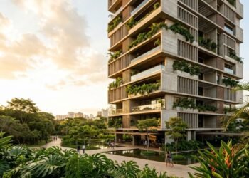 Fachadas de concreto em camadas e vegetação tropical dão forma à Torre Maya, projetada por Perkins & Will, no Brasil