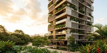 Fachadas de concreto em camadas e vegetação tropical dão forma à Torre Maya, projetada por Perkins & Will, no Brasil