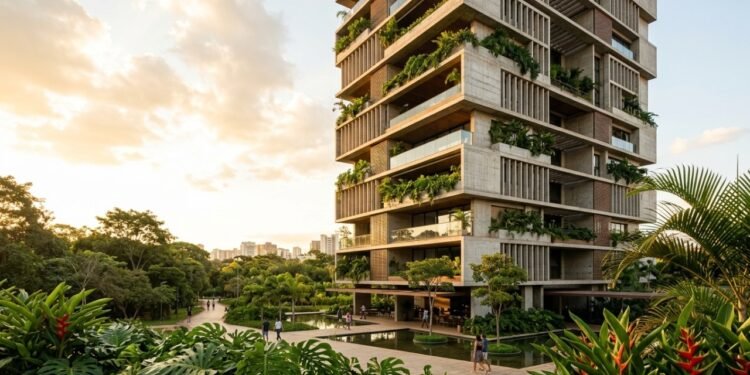 Fachadas de concreto em camadas e vegetação tropical dão forma à Torre Maya, projetada por Perkins & Will, no Brasil