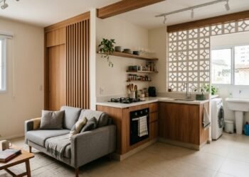 Casa pequena ganha cozinha funcional, sala integrada e lavanderia ventilada após ajuste de planta