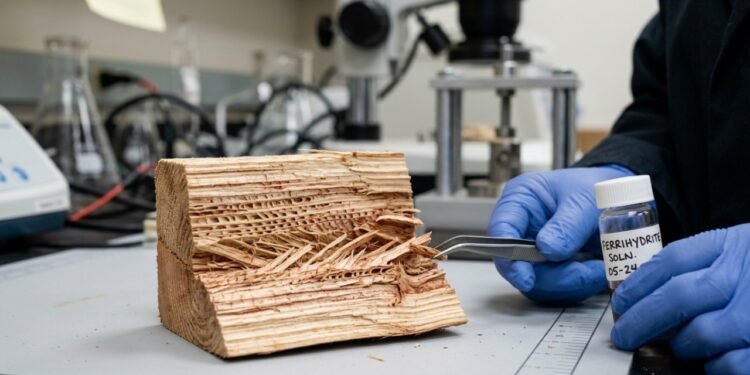 Pesquisadores da Flórida criam madeira reforçada com ferro que aumenta sua rigidez em 260,5% e sua dureza em 127%; ela pode ser uma alternativa mais sustentável às vigas de aço