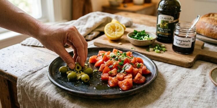 Amasse as azeitonas verdes com tomate e descubra a salada turca refrescante que conquista pelo sabor