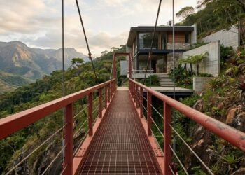 Passarela metálica elevada vermelha estende a Casa Castela por uma encosta íngreme no Brasil