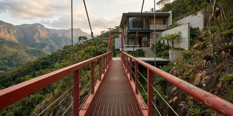 Passarela metálica elevada vermelha estende a Casa Castela por uma encosta íngreme no Brasil