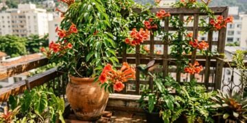 A trepadeira trombeta é perfeita para vasos e atrai beija-flores com suas flores vibrantes