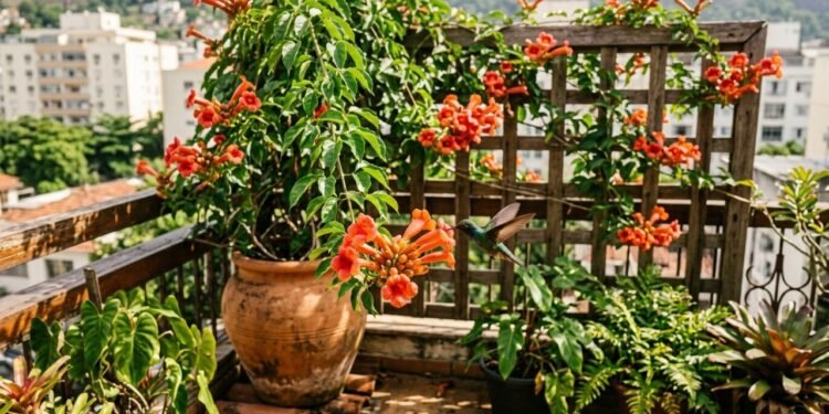 A trepadeira trombeta é perfeita para vasos e atrai beija-flores com suas flores vibrantes