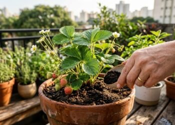 Basta um pouco desse adubo e o vaso de planta vai explodir de morangos orgânicos