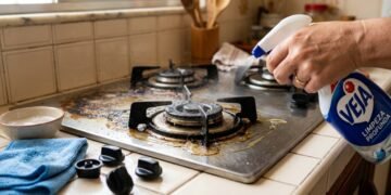 O truque de limpeza que remove gordura pesada do fogão sem riscar o inox ou estragar as peças