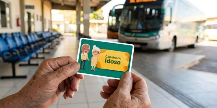 Pessoa idosa segura carteirinha verde e amarela antes de viajar de ônibus