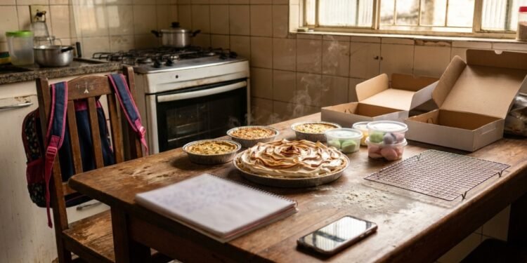 Tortas prontas em cozinha simples mostram como a renda nasceu dentro de casa