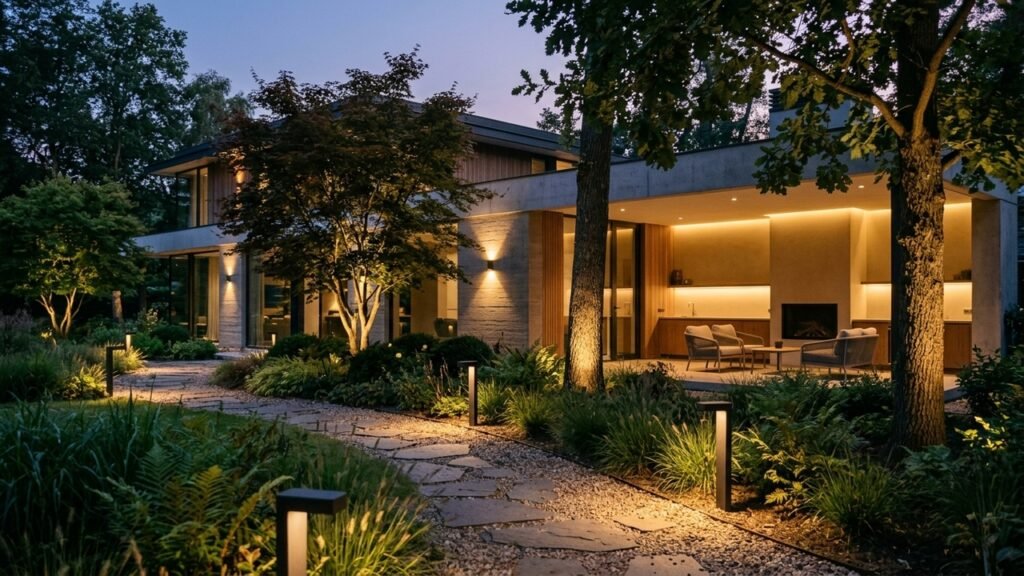Iluminação externa em camadas deixa o jardim mais bonito e seguro