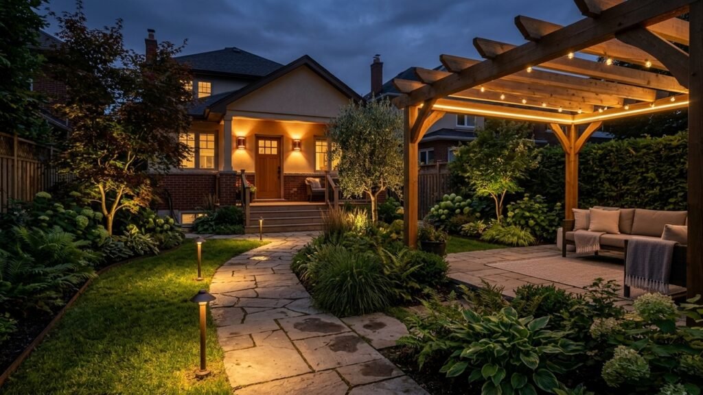 Iluminação externa em camadas deixa o jardim mais bonito e seguro