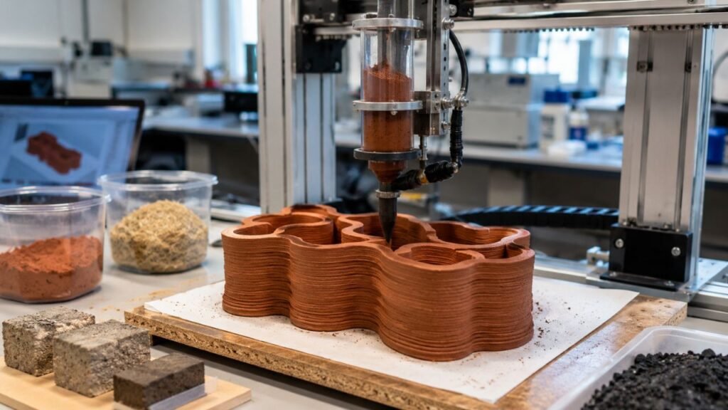Pesquisadores da Universidade Estadual do Oregon desenvolvem material imprimível em 3D feito com argila, cânhamo e biochar que endurece 10 vezes mais rápido que o concreto tradicional