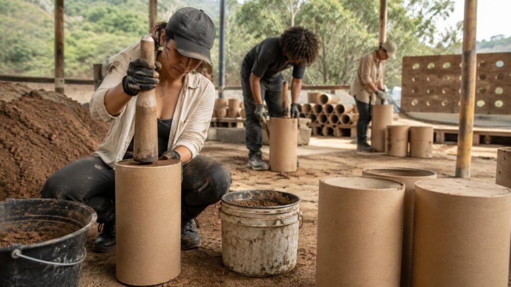 Engenheiros australianos desenvolvem um material de construção chamado "terra apiloada confinada em papelão" que produz 75% menos emissões do que o concreto, utilizando apenas papelão, terra e água