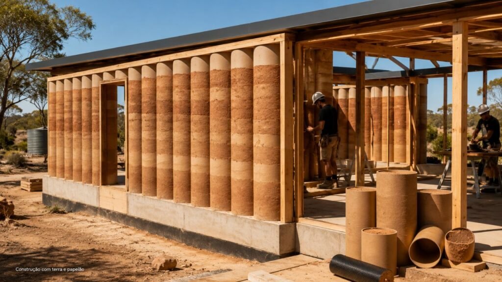 Engenheiros australianos desenvolvem um material de construção chamado "terra apiloada confinada em papelão" que produz 75% menos emissões do que o concreto, utilizando apenas papelão, terra e água