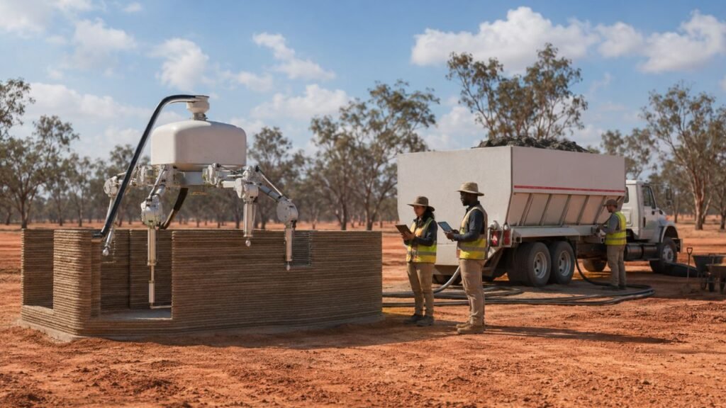Startup australiana revela robô com pernas de aranha que promete imprimir uma casa de 200m² em um único dia, usando resíduos reciclados