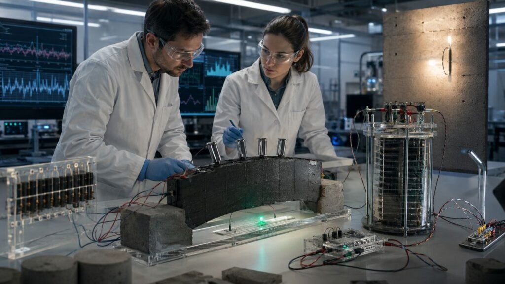 Pesquisadores do MIT desenvolvem concreto condutor que armazena 10 vezes mais energia, até 2 kWh por m³, podendo transformar paredes e pontes em baterias estruturais